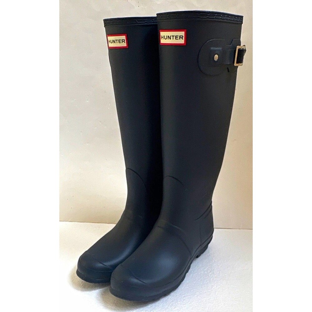 NWOB Ladies Hunter Matte Navy Knee High Rubber Rain Boots Buckle/Logo US10